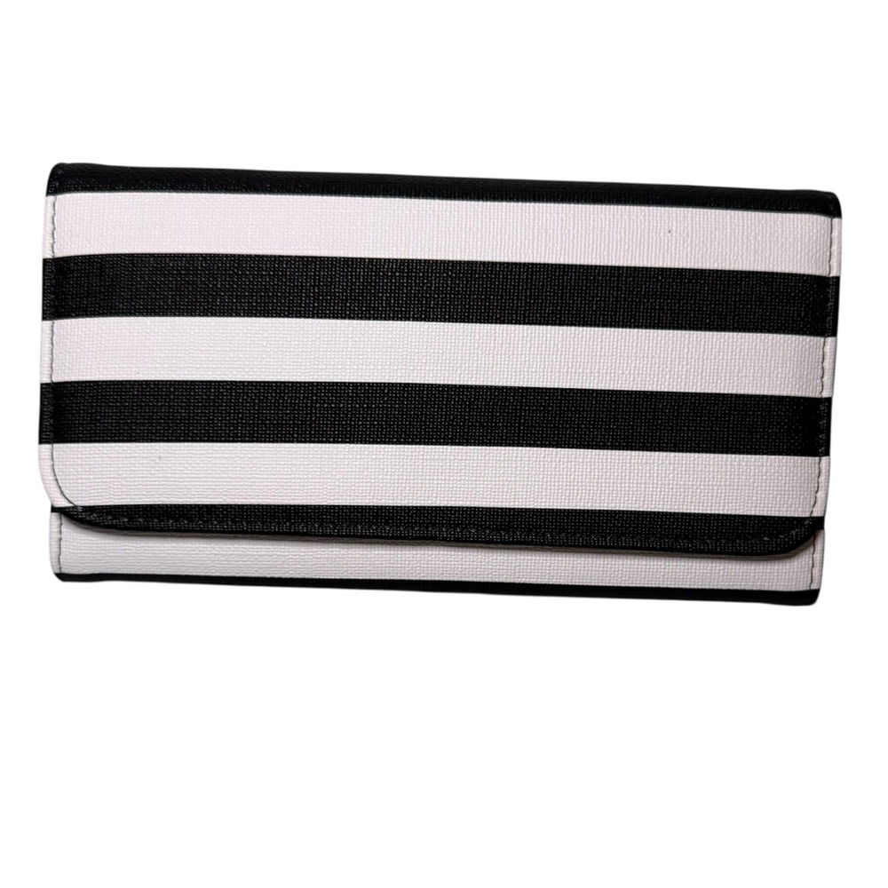 KUT from the Kloth Black White Striped Wallet Slim Snap Canvas Vegan